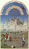 Trčs Riches Heures du Duc Jean de Berry: Monatsbild Darstellung von dem mittelalterlichen Louvre in Paris