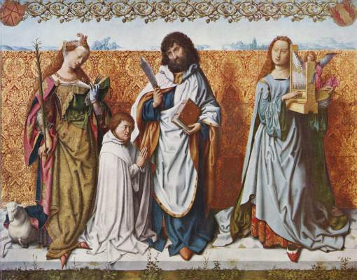Bartholomäusaltar, Mitteltafel: Der Hl. Bartholomäus mit dem Stifter zwischen den Heiligen Agnes und Cäcilia Alte Pinakothek
