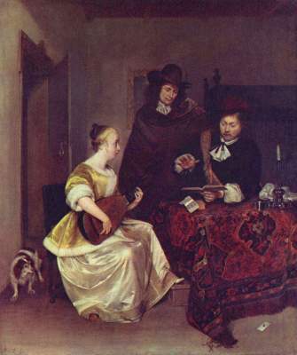 Junge Frau, zwei Männer auf der Theorbe vorspielend National Gallery