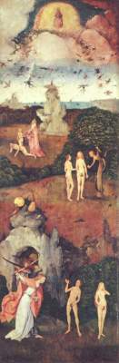Heuwagen-Triptychon, linker Flügel: Das irdische Paradies Museo del Prado