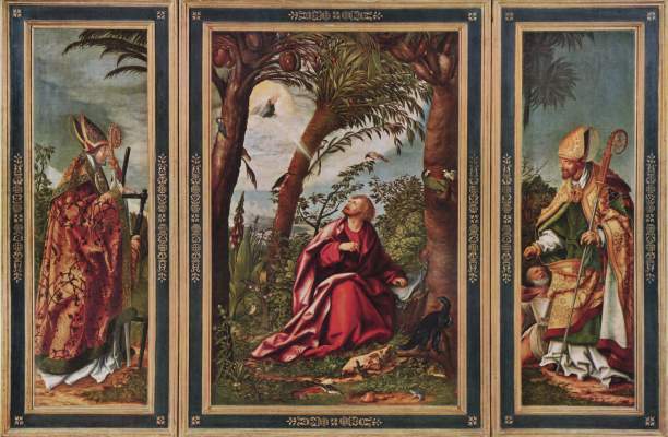 Johannesaltar, linker Flügel: Hl. Erasmus, Mitteltafel: Johannes auf Patmos, rechter Flügel: Hl. Nikolaus Alte Pinakothek