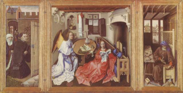 Mérode-Altar, rechter Flügel: Joseph in der Werkstatt, linker Flügel: Kniendes Stifterpaar Metropolitan Museum of Art