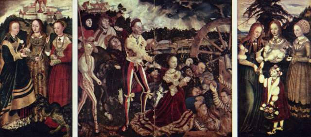 Katharinenaltar, linker Flügel: Die Heiligen Dorothea, Agnes und Kunigunde, Mitteltafel: Martyrium der Hl. Katharina Gemäldegalerie