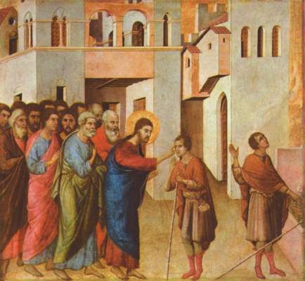 Maestŕ vom Hochaltar des Domes zu Siena, Predella: Jesus heilt einen Blindgeborenen National Gallery