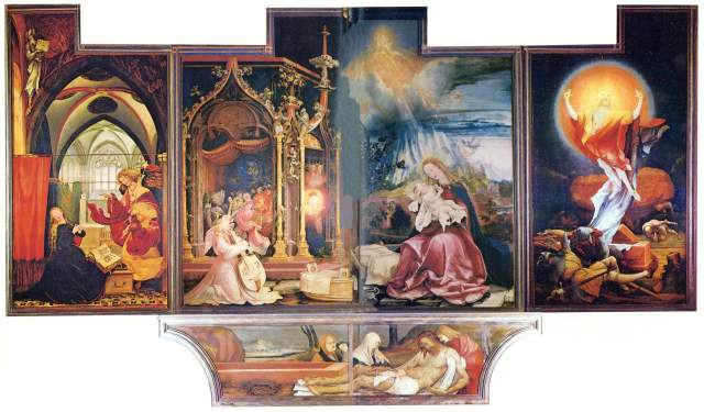 Isenheimer Altar, geöffnet: 1. Wandlung: Verkündigung an Maria, Weihnachtsbild, Auferstehung Christi, Beweinung Christi Musée d'Unterlinden