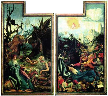 Isenheimer Altar, geöffnet: 2. Wandlung, Flügel: Der hl. Antonius beim hl. Paulus, Die Versuchung des hl. Antonius Musée d'Unterlinden