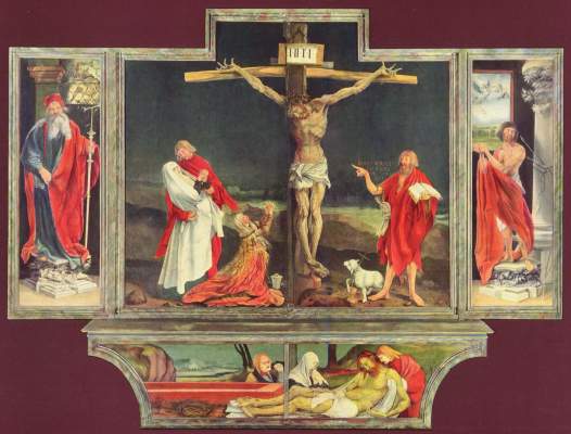 Isenheimer Altar, geschlossen: Hl. Antonius, Kreuzigung Christi, Hl. Sebastian, Beweinung Christi Musée d'Unterlinden
