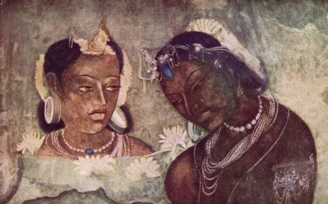 Prinzessin  und Dienerin (Wandbild aus dem Höhlentempel von Ajanta, Ausschnitt) Höhlentempel