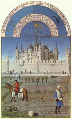 Trčs Riches Heures du Duc Jean de Berry: Monatsbild Darstellung von dem mittelalterlichen Louvre in Paris Musée Condé