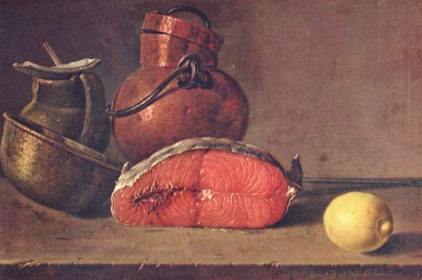 Stilleben: Aufgeschnittener Lachs, Zitrone und drei Gefäße Museo del Prado