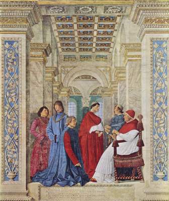 Papst Sixtus IV. ernennt Platina zum Präfekten der Bibliothek Vatikan, Musei Vaticani, Pinacoteca