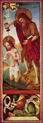 Johannesaltar der Schonenfahrer, rechter Flügel außen oben: Taufe Christi, unten: Ein Prophet St.-Annen-Museum