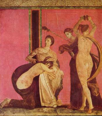 Dionysischer Fries mit gegeißeltem Mädchen und Bacchantin (Pompejanische Wandmalerei des '2. Stils/ Ausschnitt) Villa dei Misteri