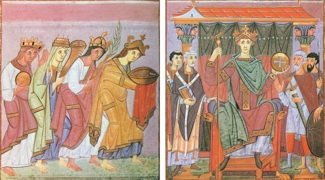 Evangeliar Kaiser Ottos III., Miniatur : Slavinia, Germania, Gallia und Roma huldigen Kaiser  Otto III. Bayerische Staatsbibliothek