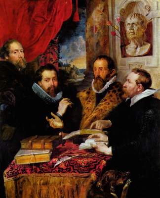 Die vier Philosophen (von links: Rubens, sein Bruder Philipp, der Gelehrte Lipsius und dessen Schüler Jan van der Wouwere/ über diesem die Büste des Seneca) Palazzo Pitti, Galleria Palatina