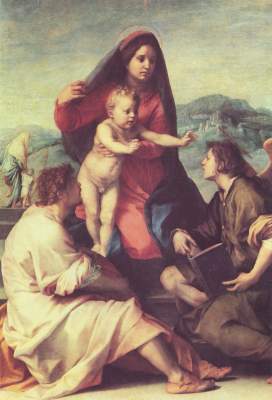 Madonna mit dem Jesuskind, einem Heiligen und einem Engel Museo del Prado
