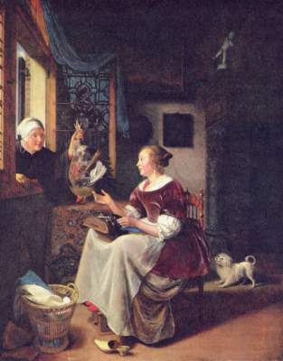 Einer jungen Frau reicht eine Alte einen Hahn durchs Fenster Gemäldegalerie
