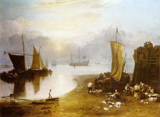 Im Morgendunst aufgehende Sonne, Fischer beim Reinigen und Verkauf des Fangs National Gallery