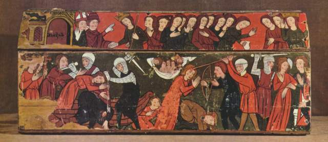 Die Einschiffung und die Tötung der Jungfrauen (Gemälde auf dem Schrein der hl. Ottilie) Kloster Notre-Dame de Koden